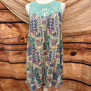 Kori America Boho Hippie Chic Geometric Minidress Aqua Webbed Halter Size S